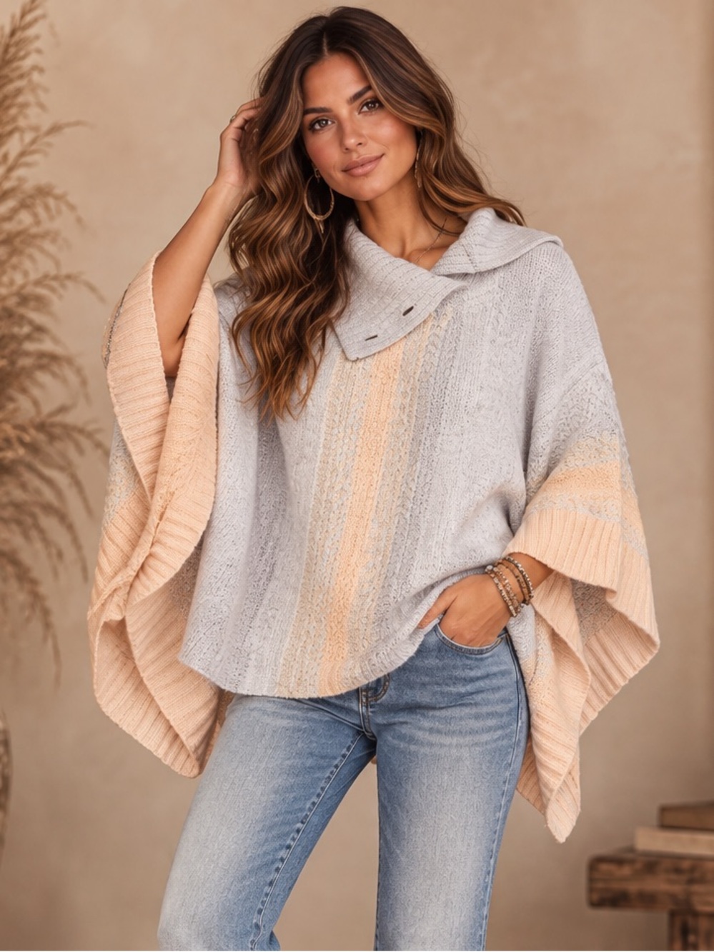 Free People Willow Cozy Two-Tone Knit Poncho Sweater
